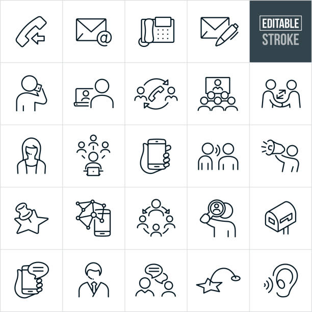 Contact Methods Thin Line Icons - Editable Stroke A set of contact icons that include editable strokes or outlines using the EPS vector file. The icons include a telephone, email, letter, person talking on mobile phone, person chatting with another person on computer, video conference, customer support representative, social media, word of mouth, person using a bullhorn and other related icons. person on phone stock illustrations