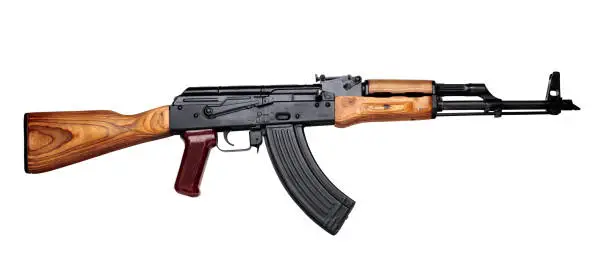 Photo of Kalashnikov assault rifle akm assembled isolated on white background