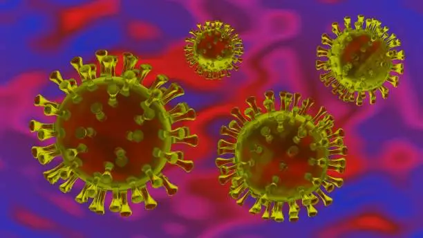 3D-illustration of Coronaviruses uder  a microscope.