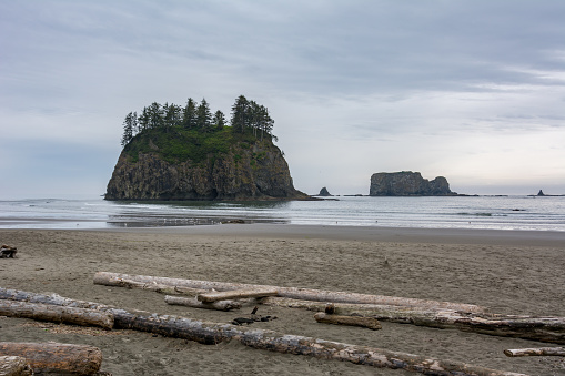 Cliffs in the ocean at the Second beach of La Push - the most beautiful place in Clallam County County, Washington, USA. Impressive beach, ocean, nature