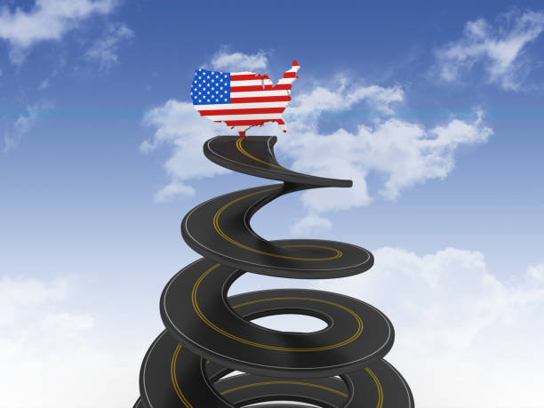 istock Spiral Road with USA Country Flag on Sky - 3D Rendering 1201705359