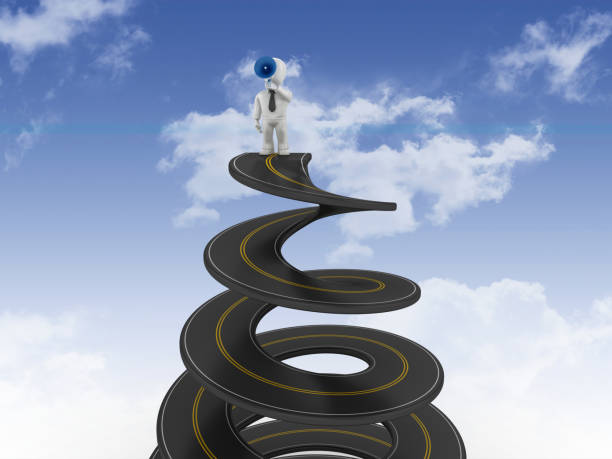 istock Spiral Road with Business Character with Megaphone on Sky - 3D Rendering 1201705417