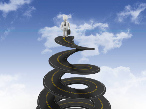 istock Spiral Road with Business Character on Sky - 3D Rendering 1201705445