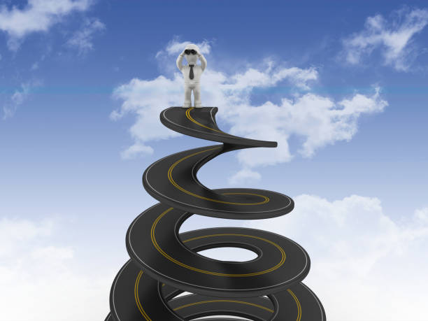 istock Spiral Road with Business Character with Binoculars on Sky - 3D Rendering 1201705465