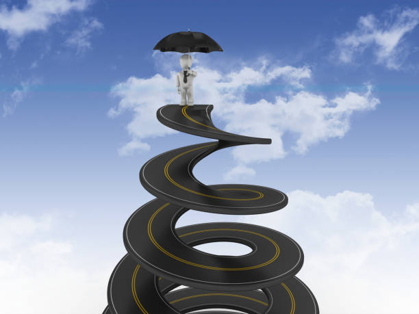 istock Spiral Road with Business Character with Umbrella Binoculars on Sky - 3D Rendering 1201705490