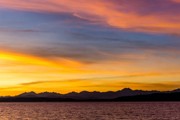 A silhouette shot of a sunset over the Olympic Mountains in Washington State.
