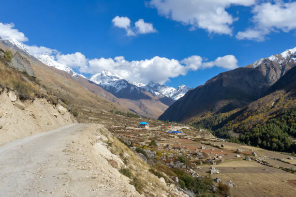 istock Beautiful greater Himalayas Valley with snow line soaring heights, steep side jagged peaks, alpine glaciers, river gorges erosion and landslides topography, geologic environment flora, fauna, climate. 1201706809