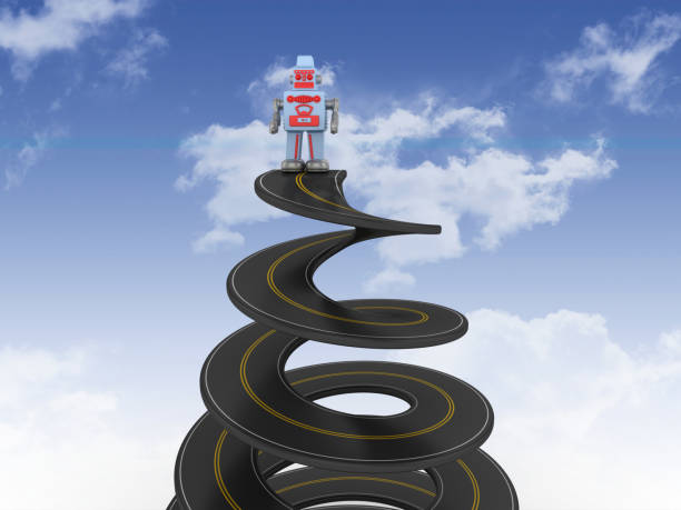 istock Spiral Road with Retro Robot on Sky - 3D Rendering 1201706842
