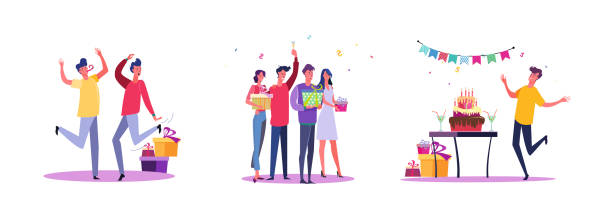 ilustraciones, imágenes clip art, dibujos animados e iconos de stock de conjunto de personas casuales que tienen fiesta de cumpleaños - food and drink holidays and celebrations isolated objects birthdays