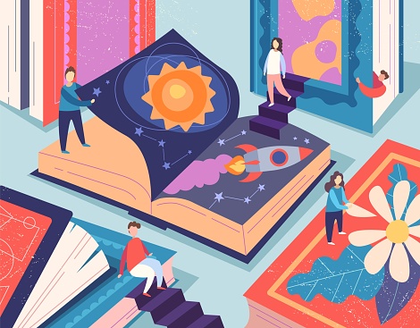 Cute tiny people reading different books, giant textbooks. Concept of book world, readers at library, literature lovers or fans. Colorful vector illustration in flat cartoon style