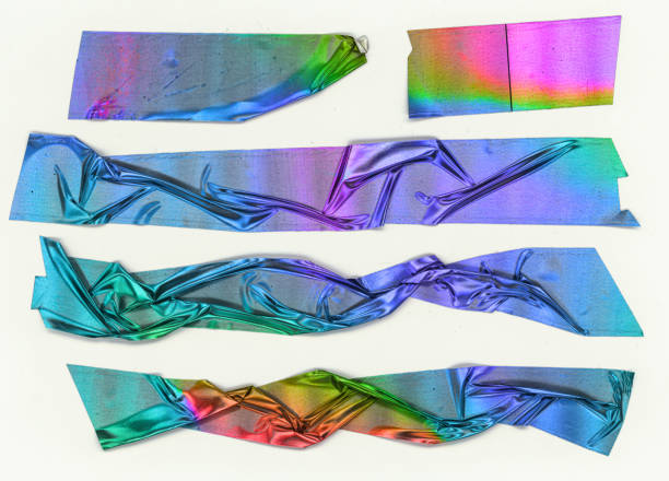 Super shiny rainbow stickers. Cool set of metallic holographic sticky tape shapes cuts isolated on white background. Holo glitter stripes or snips. Real scan, no macro photo. hologram photos stock pictures, royalty-free photos & images