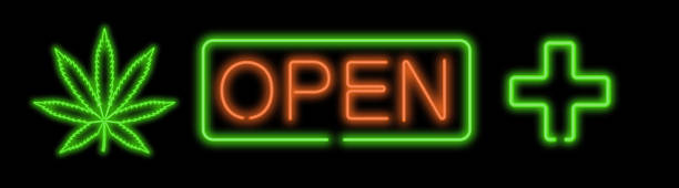 Open for business Open neon sign on black background for medical a marijuana store. cannabis store photos stock pictures, royalty-free photos & images