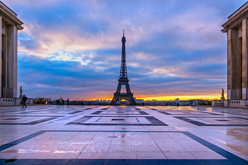 View of the Eiffel tower at sunrise, symbol of Paris. France.