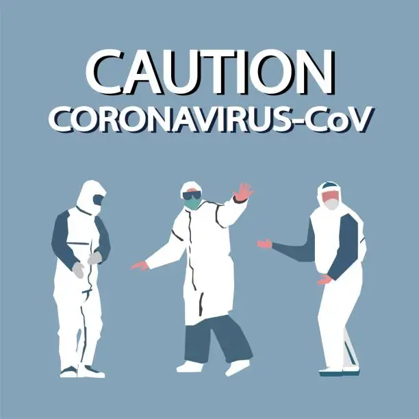 Vector illustration of Three doctors in protective suits and masks from coronavirus CoV in China. Mans