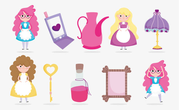 istock cute girls with mobile lamp mirror key lotion children character 1201727653