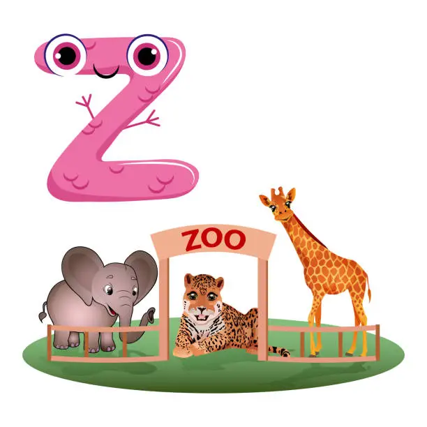 Vector illustration of Vector Cute Childish Cartoon English Alphabet. Letter Z With Zoo. The Letter Like Little Monster. Flat style. Vector illustration