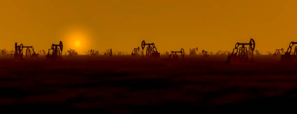The silhouette of oil pumps in a large oil field at sunrise. 3d rendering. 3d illustration Sunset oil pump jack. The silhouette of oil pumps in a large oil field at sunrise. 3d rendering. 3d illustration crud stock pictures, royalty-free photos & images