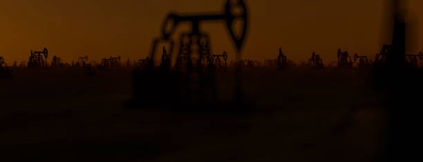 The silhouette of oil pumps in a large oil field at sunrise. 3d rendering. 3d illustration Sunset oil pump jack. The silhouette of oil pumps in a large oil field at sunrise. 3d rendering. 3d illustration crud stock pictures, royalty-free photos & images