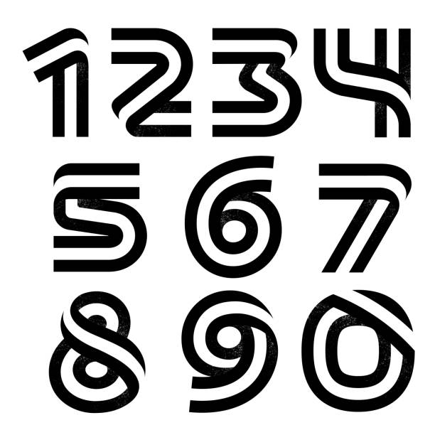 Numbers set formed by two parallel lines with noise texture. Vector black and white typeface for labels, headlines, posters, cards etc. one two three four five six seven eight and nine stock illustrations