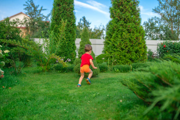 a child in a red t-shirt runs through the grass