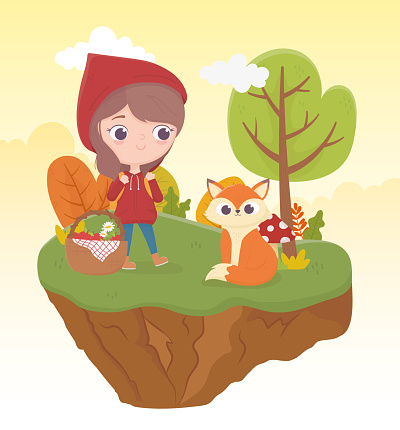 little red riding hood wolf and bakset food vegetation nature fairy tale cartoon vector illustration