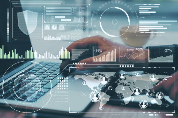 istock Business research concept with data analysis on digital screen and man working with laptop.Double exposure. 1201737482