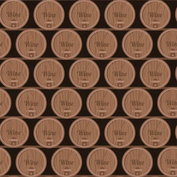 Vector illustration of Wine barrels are arranged in order in the wine cellar. Seamless pattern