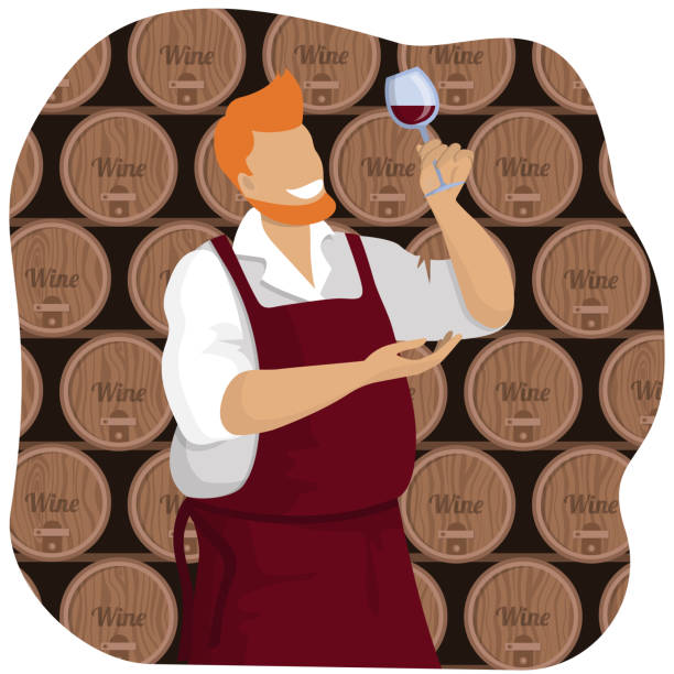 illustrations, cliparts, dessins animés et icônes de le vigneron retient le verre de vin rouge et le vérifie dans la cave à vin - oak barrel