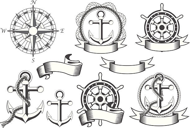 Nautical emblems Nautical emblems with different seafaring design elements nautical compass stock illustrations