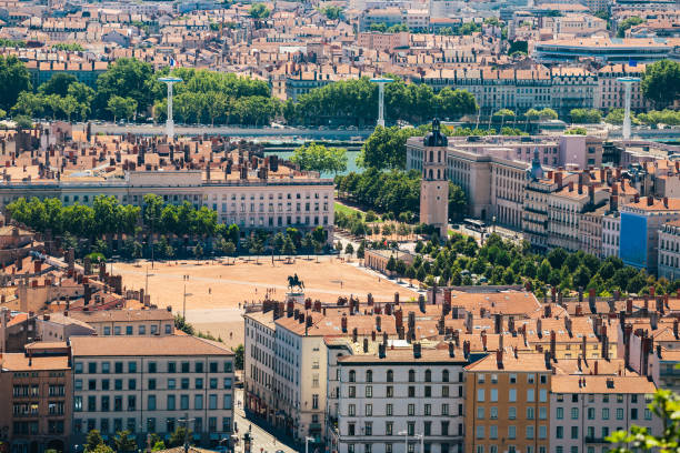 istock Lyon panorama elevated view on sunny day. Aerial panoramic view of Lyon with the skyline. Bellecour Square And Place Poncet, Lyon, France 1201751876
