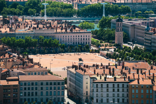 istock Lyon panorama elevated view on sunny day. Aerial panoramic view of Lyon with the skyline. Bellecour Square And Place Poncet, Lyon, France 1201751886