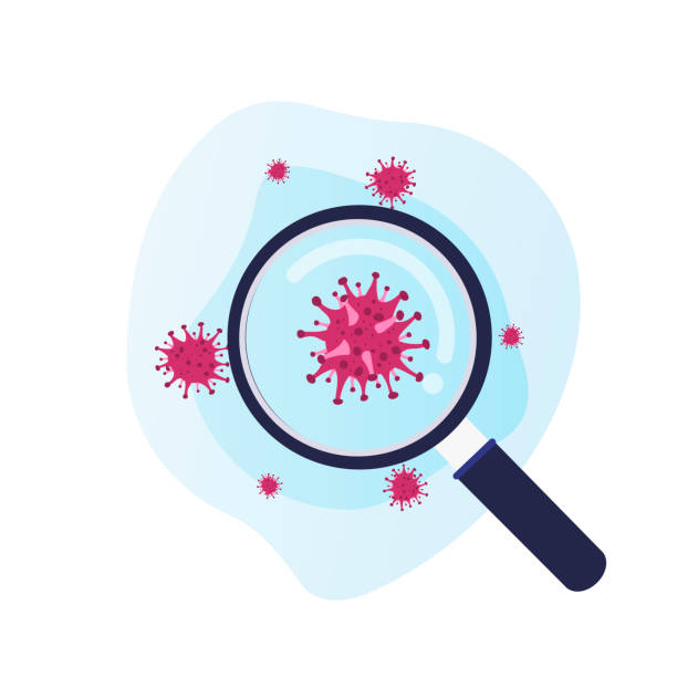 Coronavirus 2019 nCoV China Design element vector research vaccine Vaccination medicine concept. Vector flat illustration. Virus sign, red virus and loupe. Design element for vaccine banner, poster, background, web, healthcare infographic. virus illustrations stock illustrations
