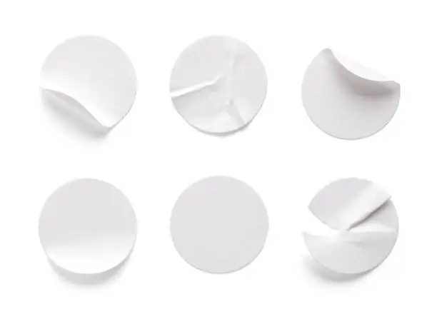 Round White Sticky Tags Isolated on White Background.