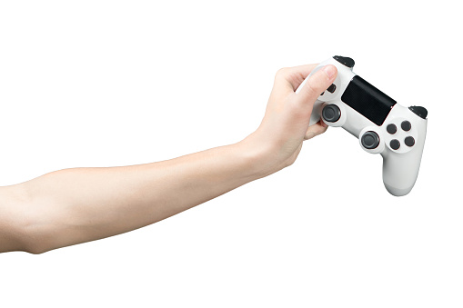 teenage hand holds a modified joystick in the hand without inscriptions from the game console in hand. isolated, side view