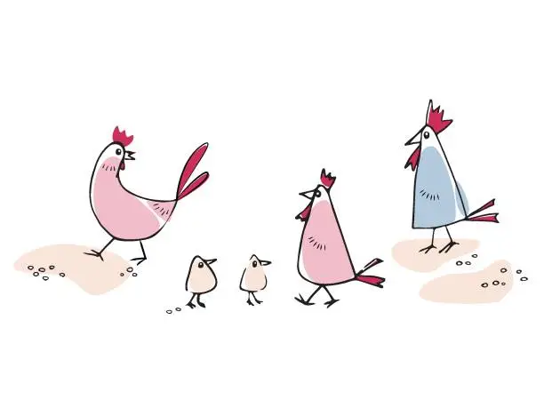 Vector illustration of Illustration of a chicken, chicks and roosters in cartoon style