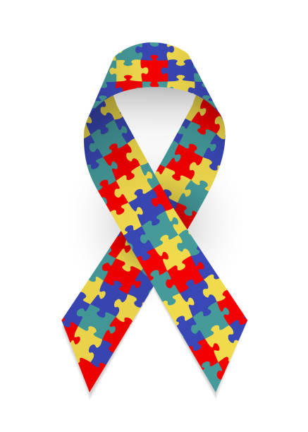 ilustraciones, imágenes clip art, dibujos animados e iconos de stock de cinta de rompecabezas de satén colorido como símbolo de conciencia del autismo - autism