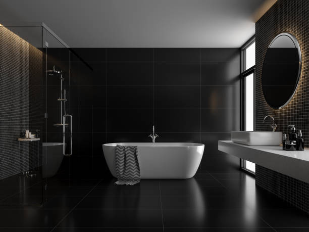 Modern luxury black bathroom 3d render stock photo