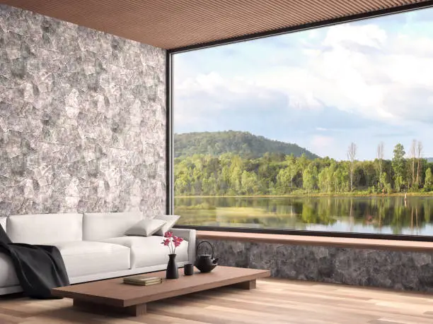 Photo of Contemporary living room with nature view 3d render