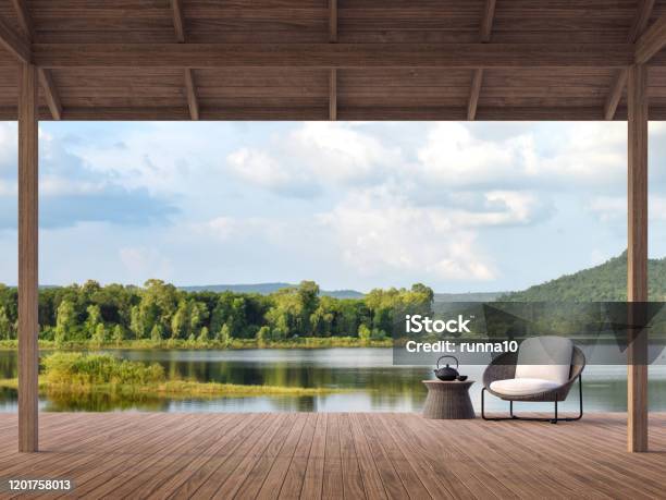 Houten Terras Met Mooi Meer En Bergmening 3d Render Stockfoto en meer beelden van Huis