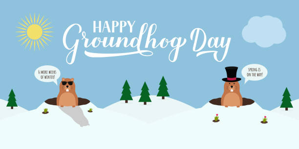 Groundhog Day vector illustration with modern calligraphy hand lettering and cute cartoon marmot crawling out of a hole on a cloudy day. Vector template for postcard, poster, banner, flyer, etc. Groundhog Day vector illustration with modern calligraphy hand lettering and cute cartoon marmot crawling out of a hole on a cloudy day. Vector template for postcard, poster, banner, flyer, etc. groundhog day stock illustrations