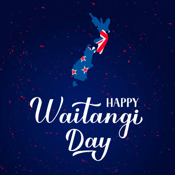 illustrazioni stock, clip art, cartoni animati e icone di tendenza di striscione happy waitangi day con moderna calligrafia a mano lettering, mappa e bandiera della nuova èelanda e coriandoli. facile da modificare modello vettoriale per biglietto di auguri, poster tipografico, volantino, adesivo, ecc. - waitangi day