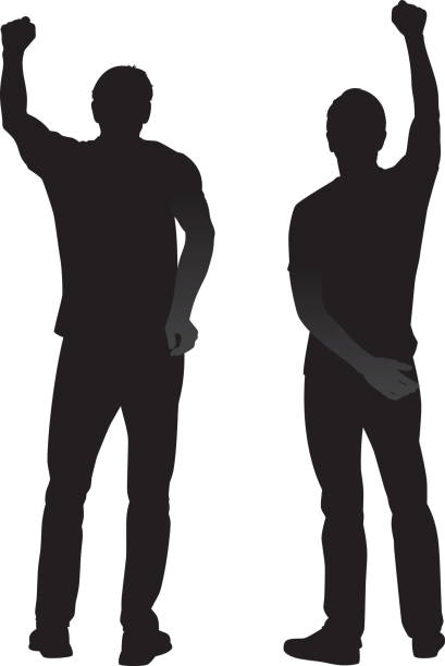 zwei männer mit erhobenen fäusten silhouetten - demonstrant stock-grafiken, -clipart, -cartoons und -symbole