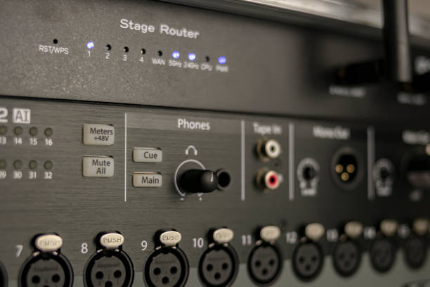 istock Inputs and outputs, phones section control and other elements of a professional wifi audio mixing console 1201764739