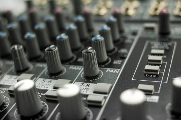istock Close up of knobs, buttons and regulators in an audio mixing console in a professional recording studio 1201765885