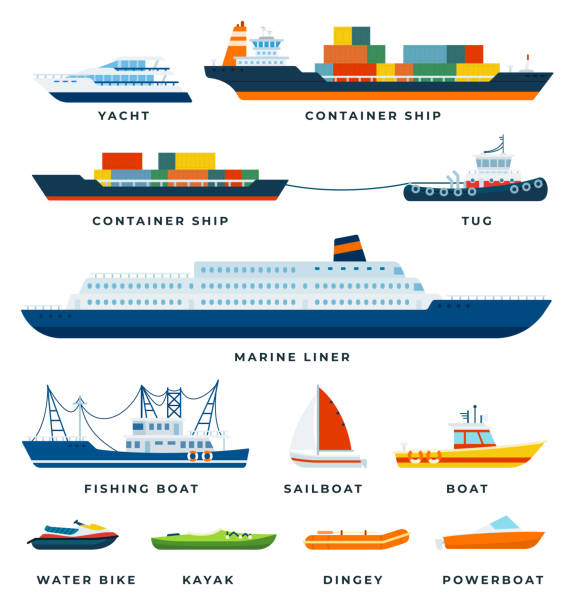 zestaw łodzi, statek, jacht, żagiel płaski ilustracji wektorowej. - freight liner obrazy stock illustrations
