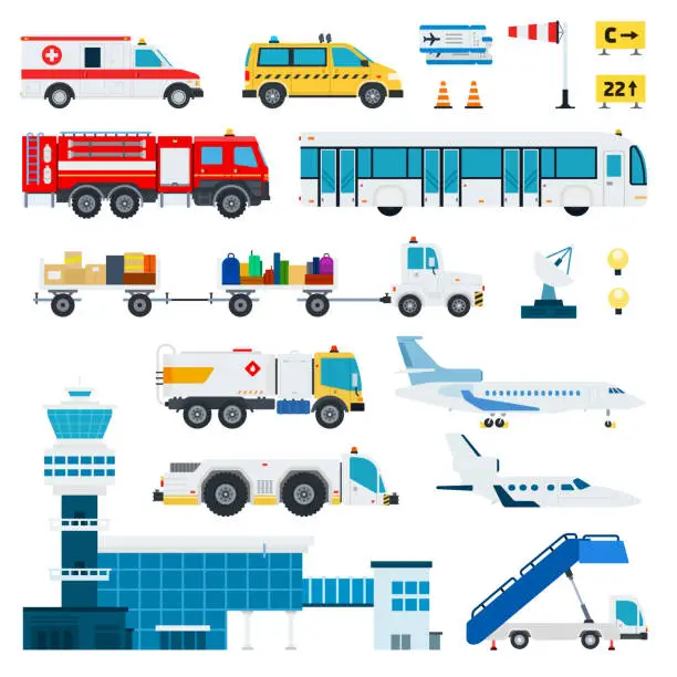 Vector illustration of Airport transportation vector flat material design set. Fire engine, ambulance, ladder, passenger bus, automotive fuel, baggage car, tower control room, aircraft, satellite antenna isolated on white.