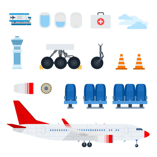 Aircraft Components and plane vector flat material design set. C Aircraft Components and airplane vector flat material design set. Porthole, chassis, medicine chest, cone marker, Air propeller, aircraft seats, Control Tower illustration on white background. airplane landing gear stock illustrations
