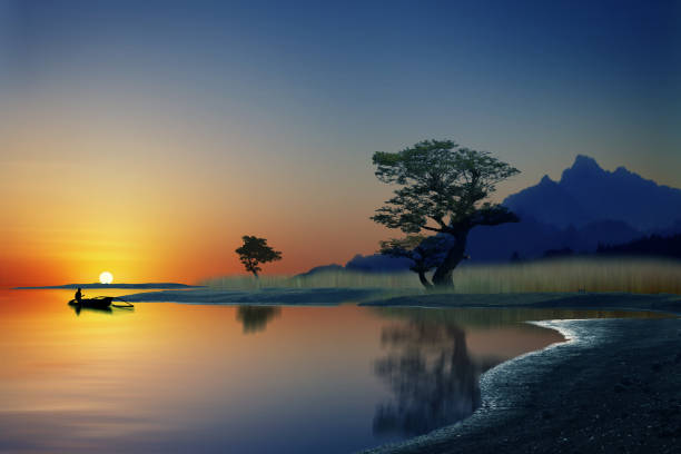 istock sunset on the beautiful lake 1201778685