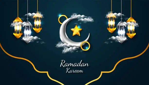 Vector illustration of Ramadan Kareem background with 3d realistic crescent moon, lantern lamp, star, circle ring and cloud in golden and silver color, for banner, greeting card