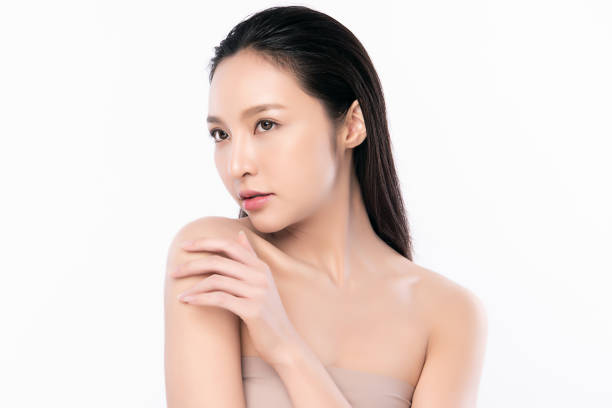 portrait beautiful young asian woman clean fresh bare skin concept. asian girl beauty face skincare and health wellness, facial treatment, perfect skin, natural make up, on white background. - 12042 imagens e fotografias de stock